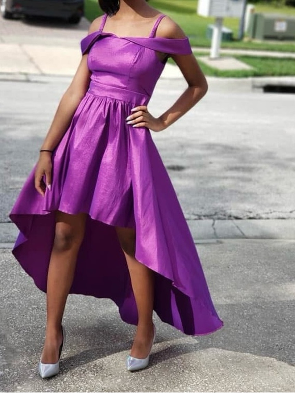 B. Smart Violet Off-Shoulder High-Low Prom Dress